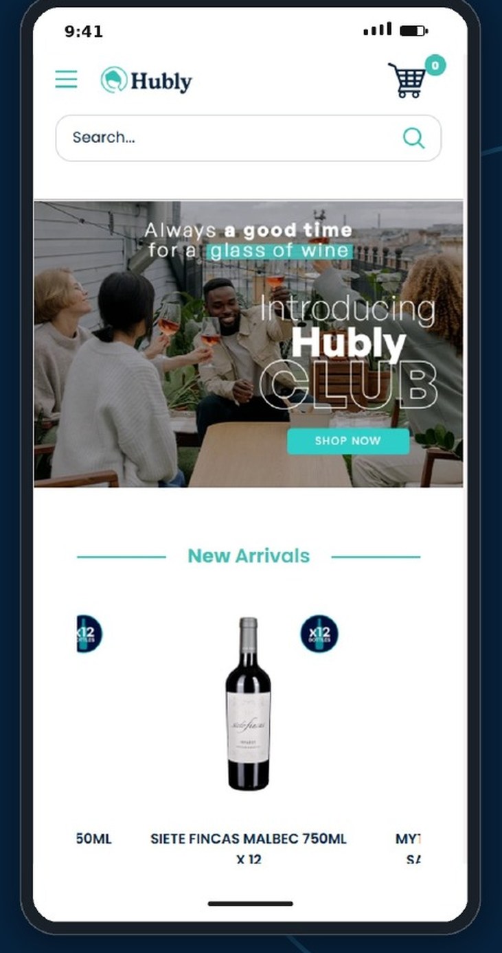 The Hubly.club store open on a phone, showing the catalogue and a wine listing