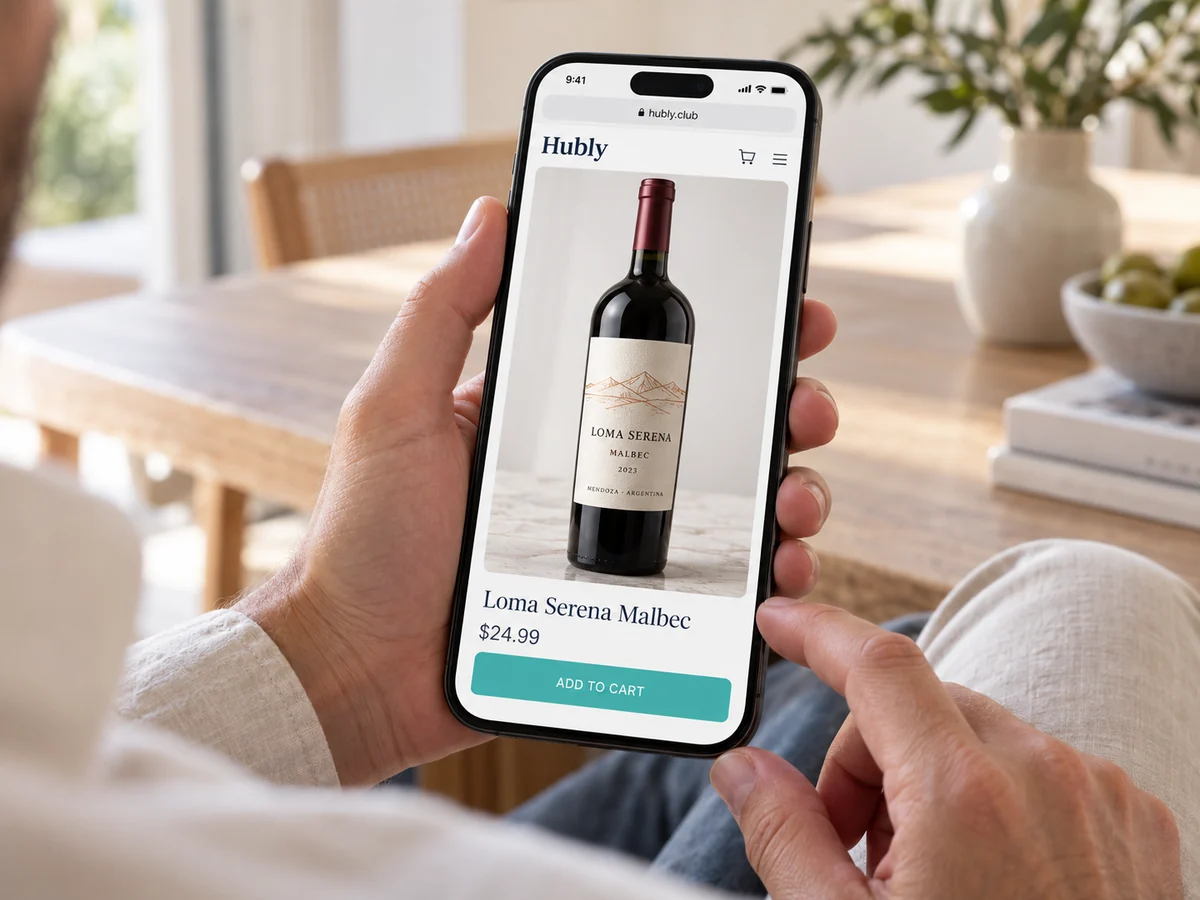 A person buys a wine from their phone on the hubly.club online store