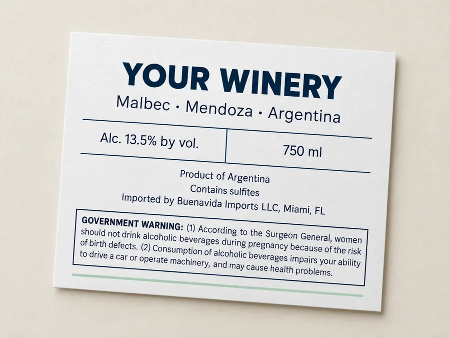 A sample U.S. back label for a fictional winery
